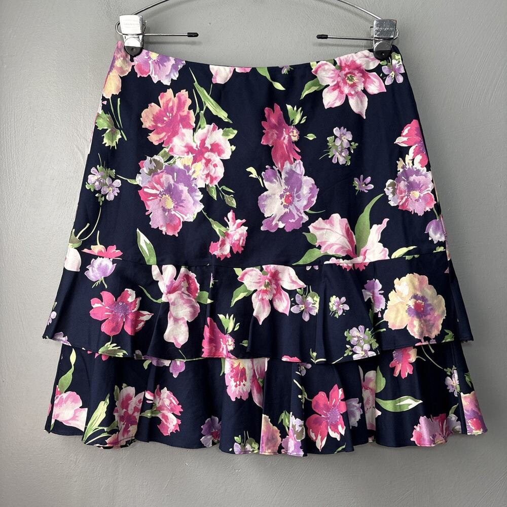 Tiered Ruffle Skirt Size 10 Navy Floral Cottagecore Summer Romantic Preppy Fairy